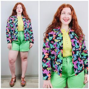 1990s Vintage Silk Jacket / 90s Rainbow Butterfly Quilted Coat / Size XL / 16